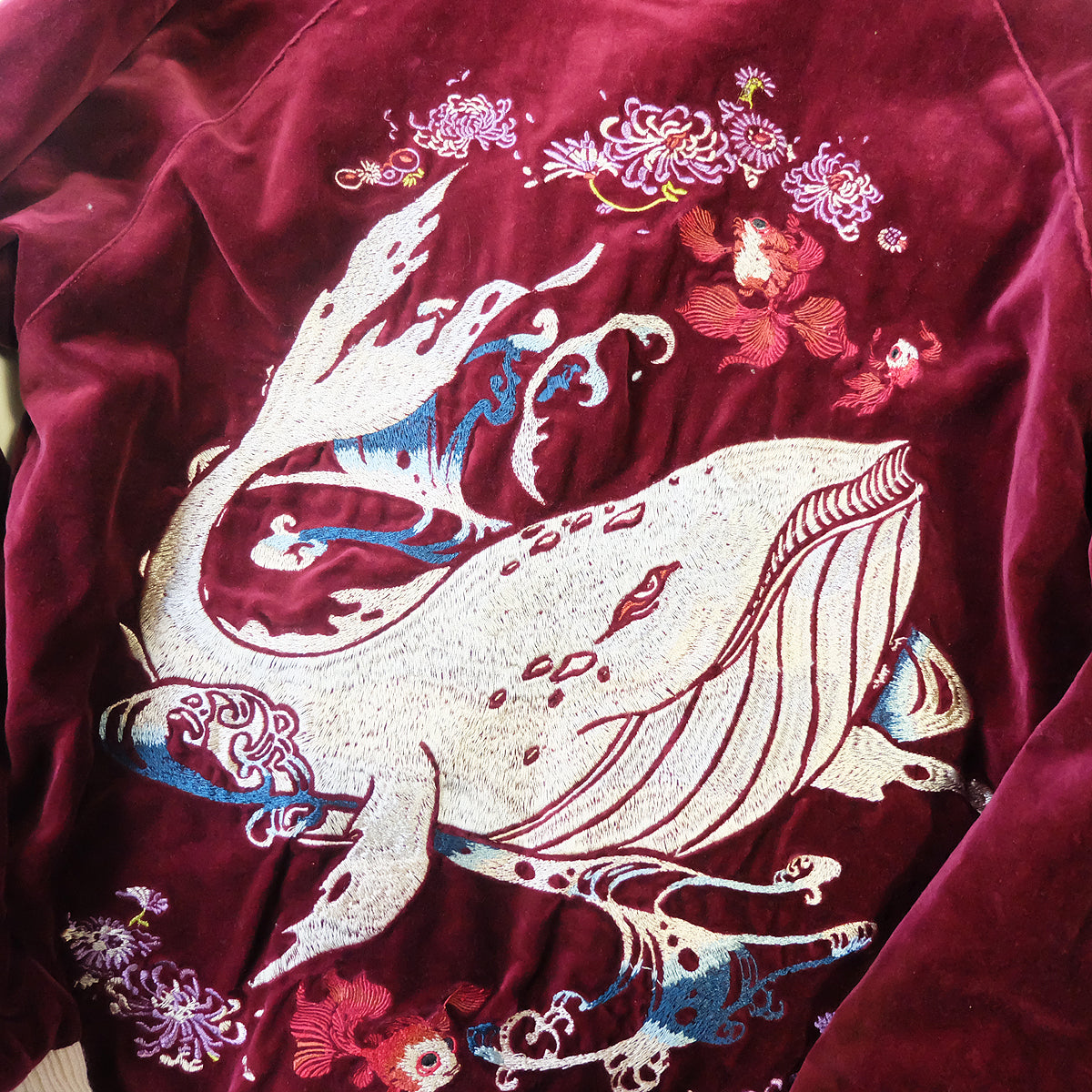CHIKIRIYA Reversible Sukajan Jacket Burgundy Velvet Whale Peacock Japanese Y2K Souvenir Bomber Free Size M-L