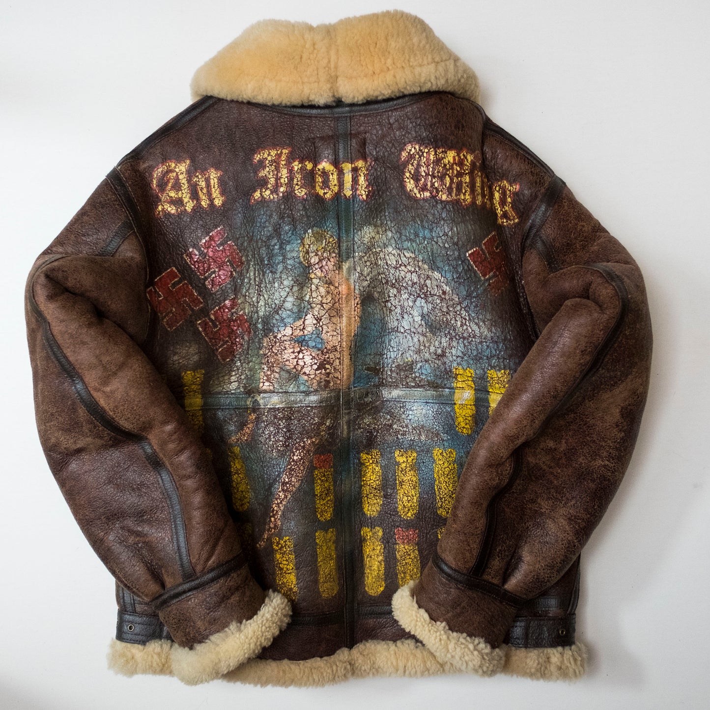 Authentic Vintage B-3 Nazi Military Hand Painted Handpainted An Iron Wing Flight Leather Bomber Jacket ( Size :  )
