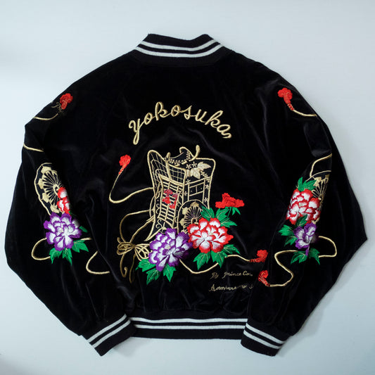 Prince Shokai Japanese Velvet Velour Tattoo Art Yokoburi Embroidered Embroidery Sukajan Souvenir Sukajum Skajum Tattoo Art Design Yokosuka Jumper Reversible Bomber Jacket ( Size : L )