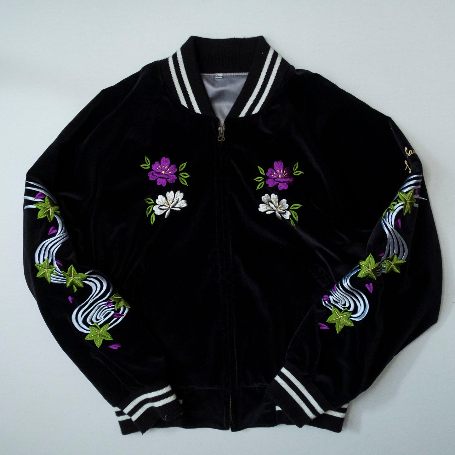 Prince Shokai Japanese Velvet Velour Tattoo Art Flowers Floral Flower Yokoburi Embroidered Embroidery Sukajan Souvenir Sukajum Skajum Tattoo Art Design Yokosuka Jumper Reversible Bomber Jacket ( Size : M )