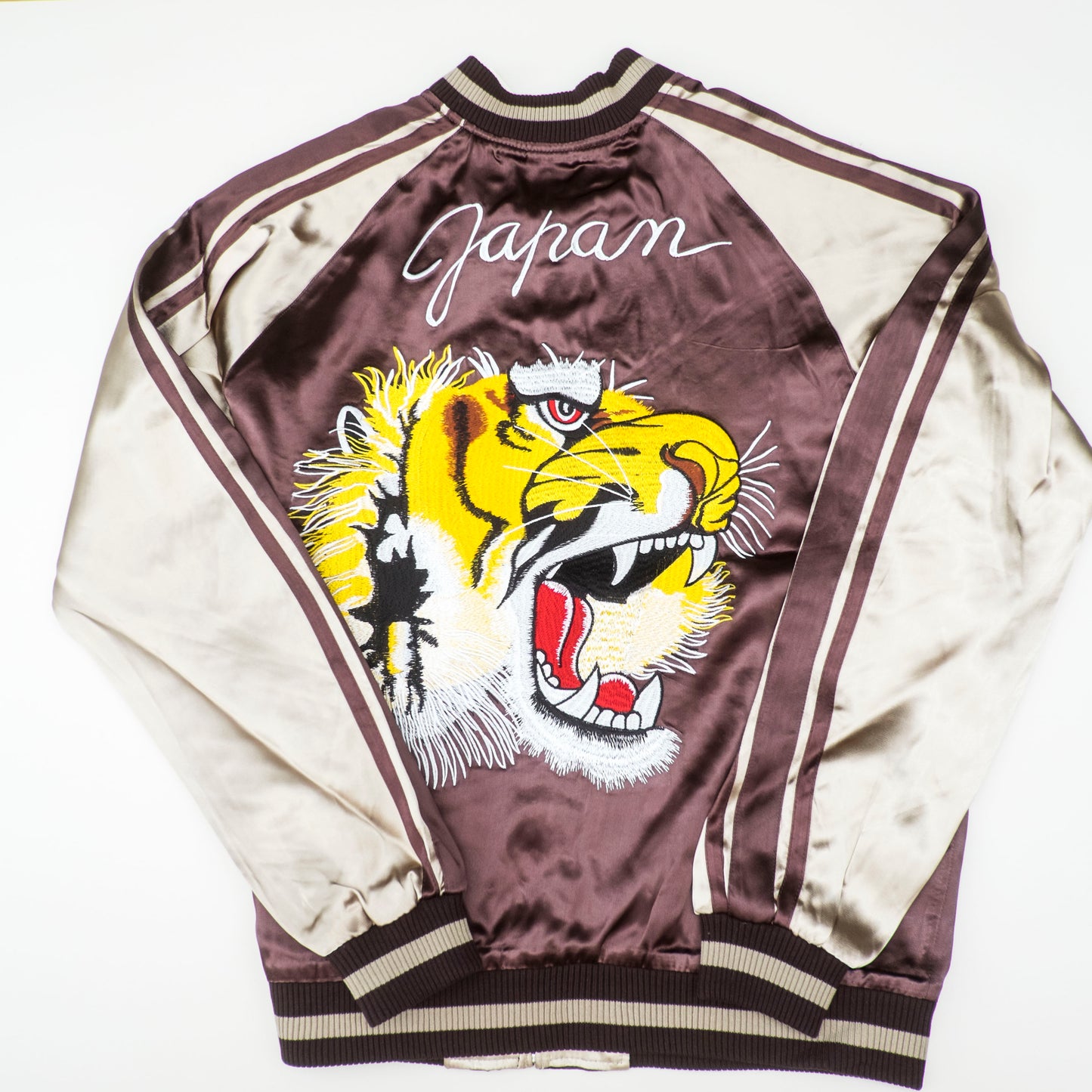 Vintage Japanese Sukajan Jacket Roaring Tiger Embroidery Reversible Brown Cream Yokosuka Souvenir Bomber Japan Streetwear