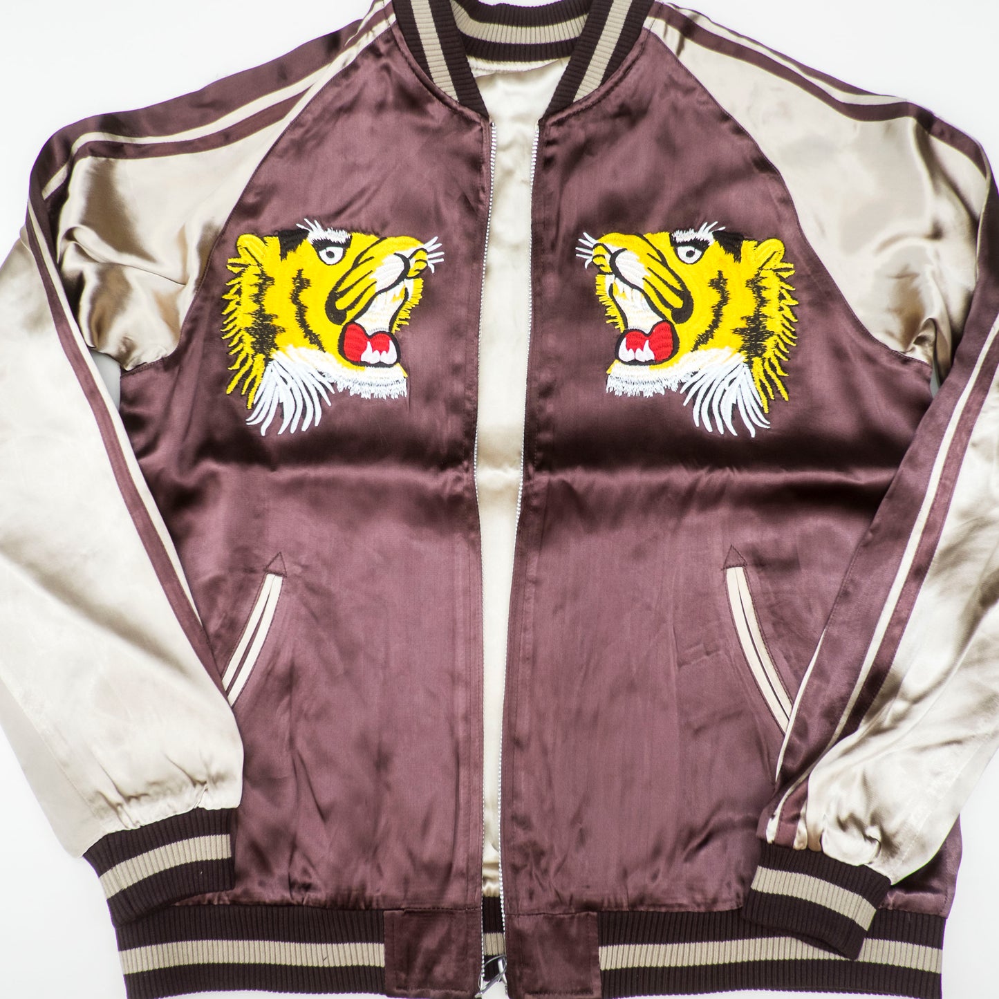 Vintage Japanese Sukajan Jacket Roaring Tiger Embroidery Reversible Brown Cream Yokosuka Souvenir Bomber Japan Streetwear