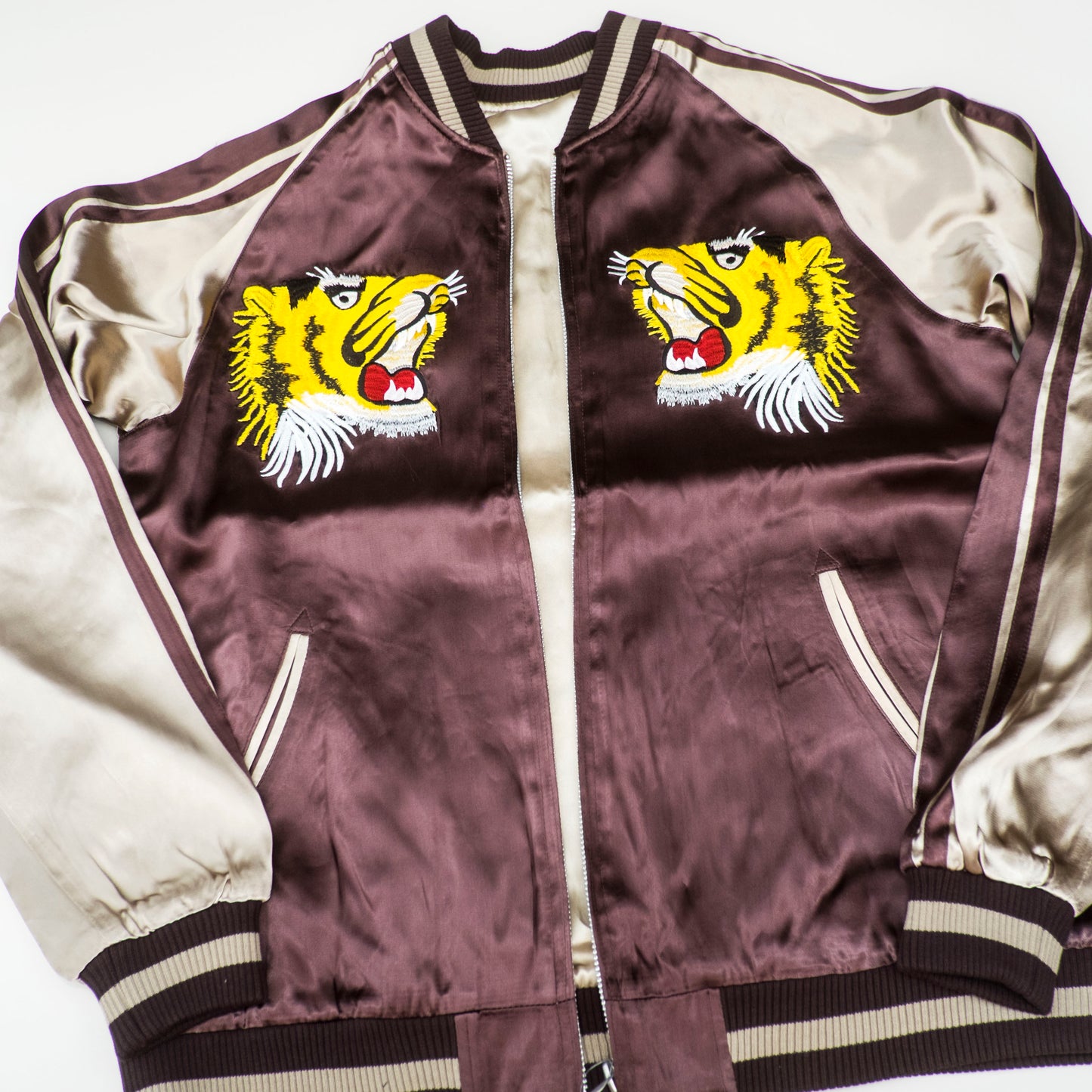 Vintage Japanese Sukajan Jacket Roaring Tiger Embroidery Reversible Brown Cream Yokosuka Souvenir Bomber Japan Streetwear