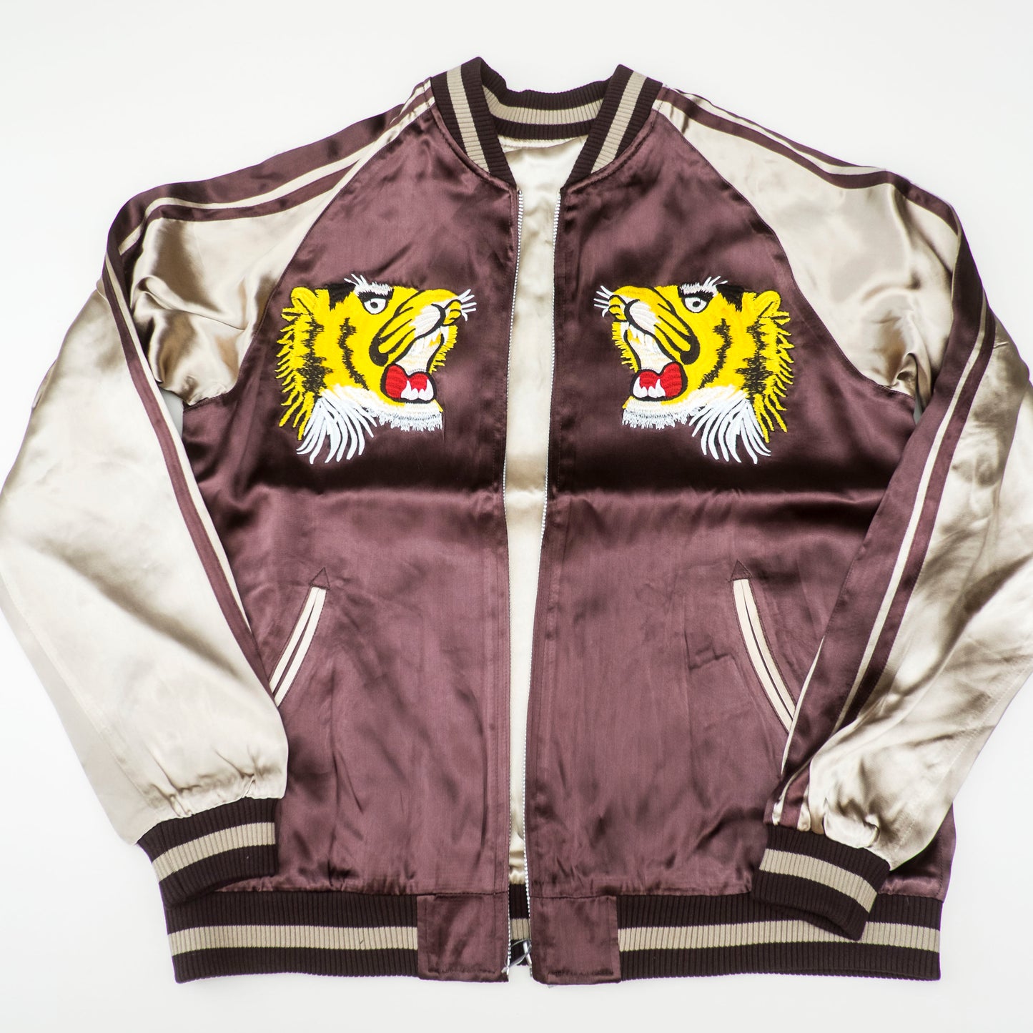 Vintage Japanese Sukajan Jacket Roaring Tiger Embroidery Reversible Brown Cream Yokosuka Souvenir Bomber Japan Streetwear