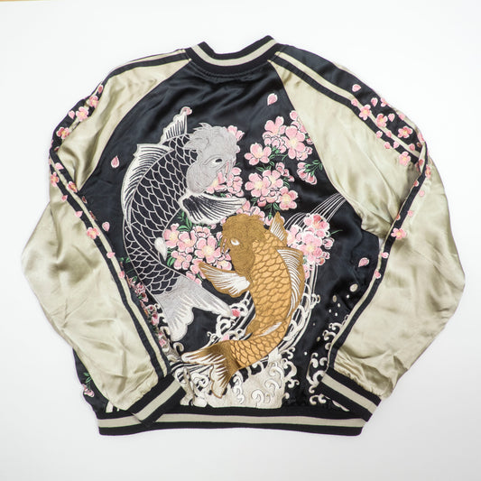 Koto Koto KTJK-023 Nishikigoi Koi Sakura Reversible Sukajan Jacket Black Silver Japanese Rayon Bomber