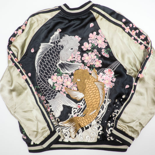 Koto Koto KTJK-023 Nishikigoi Koi Sakura Reversible Sukajan Jacket Black Silver Japanese Rayon Bomber
