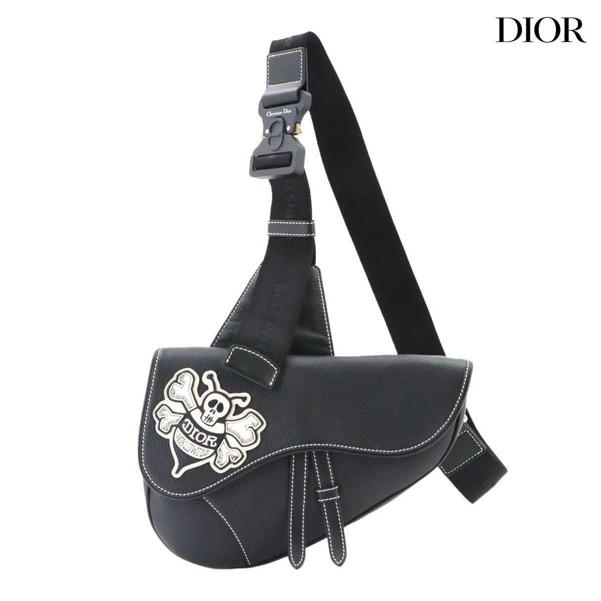 Dior x Shawn Stussy Saddle Bag Black Leather Skull Crossbody 9034A0069