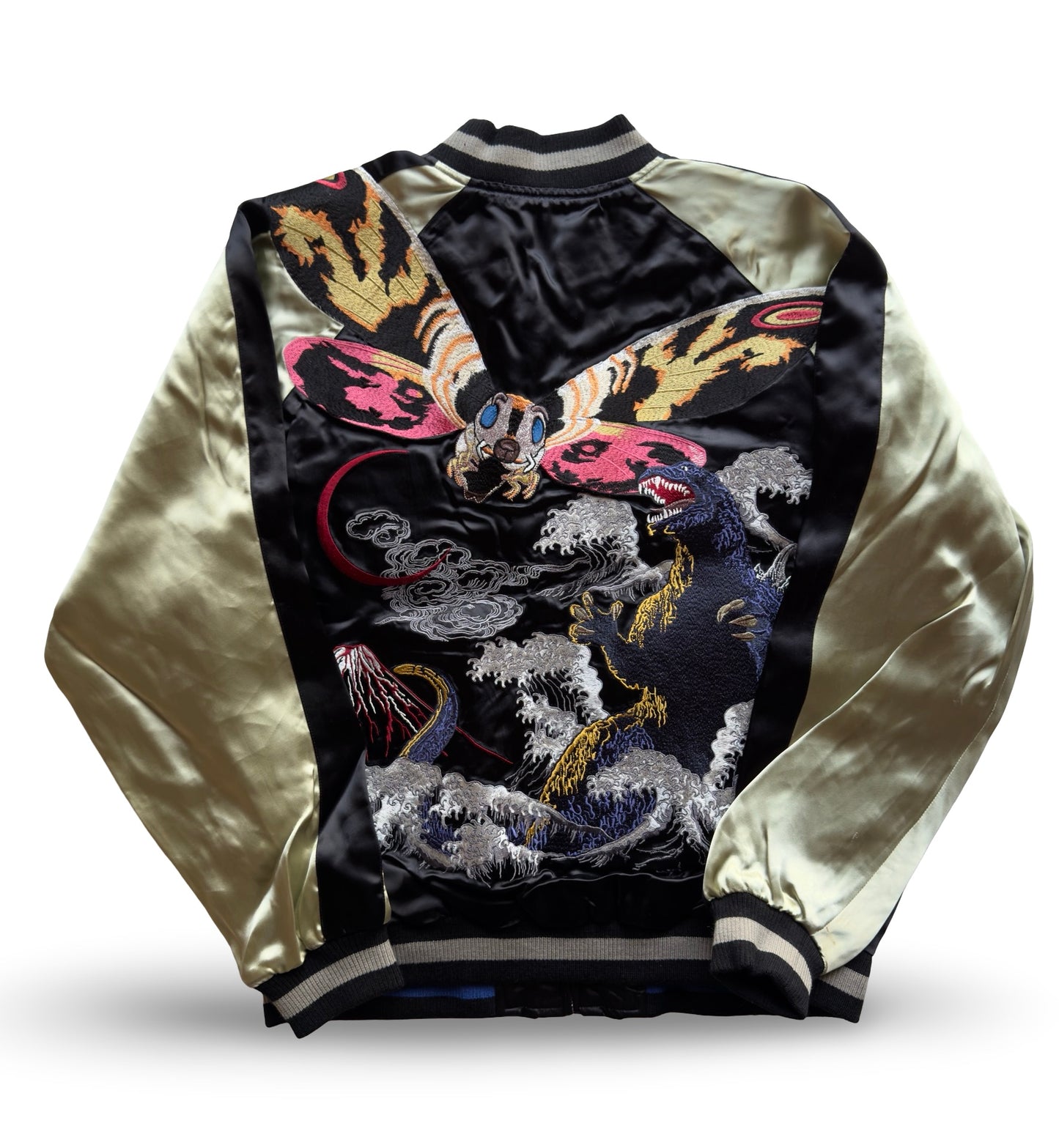 Vintage Japanese Sukajan Jacket – Godzilla × Mothra Embroidery • Kaiju Souvenir Jacket • Black & Gold Satin Bomber (One-Side Emblem)