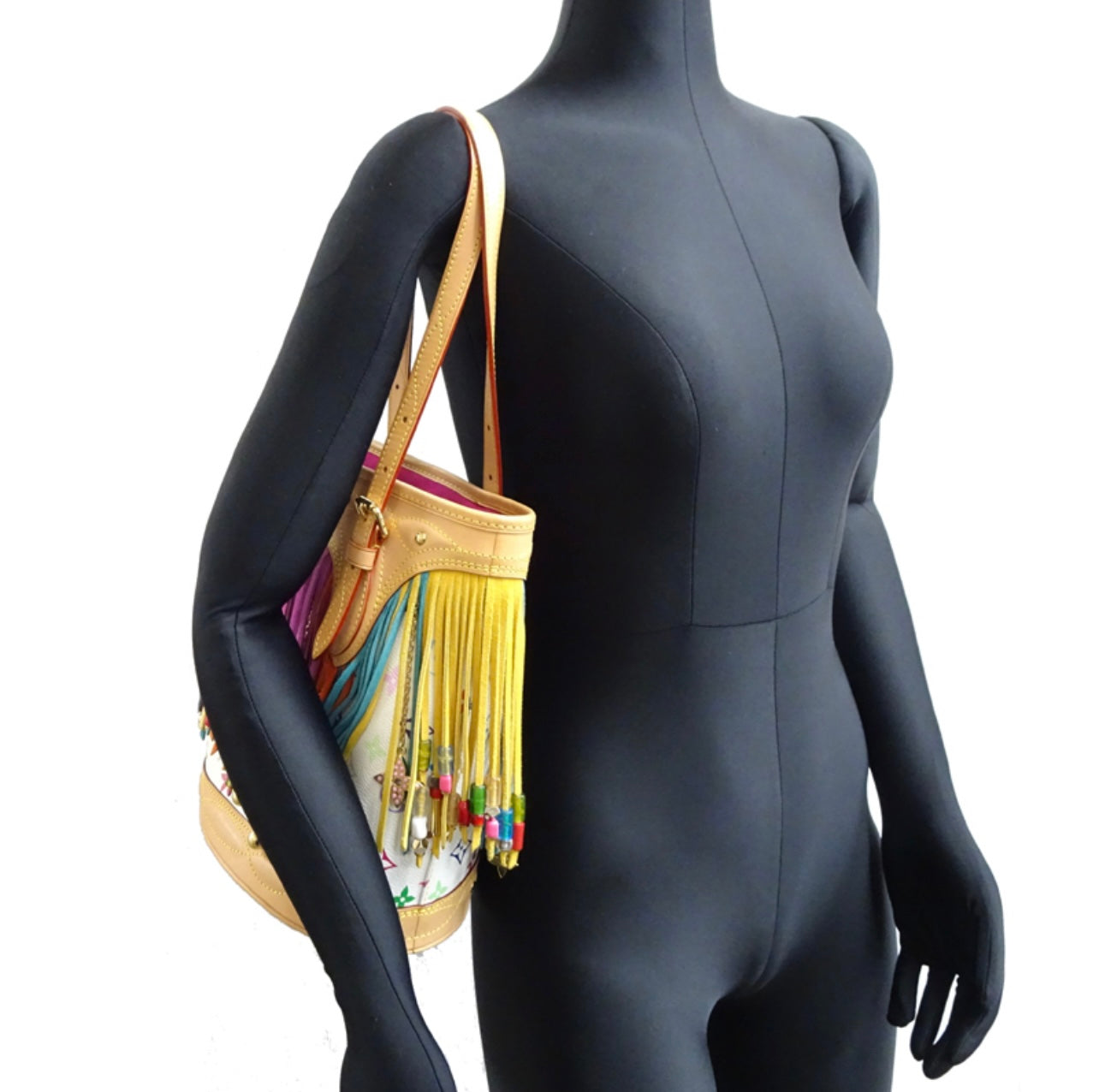 Louis Vuitton 2006 Limited Edition Bucket Fringe M40109 White Multicolor Tote + Pouch Set | Rare Monogram Vernis Fringe Bag