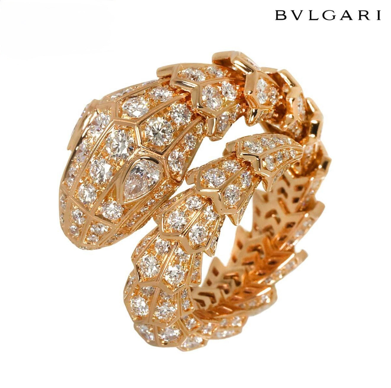BVLGARI Serpenti Viper Ring K18 Pink Gold Full Diamond Pavé 4.12ct F–G VVS–VS Size ML with Certificates