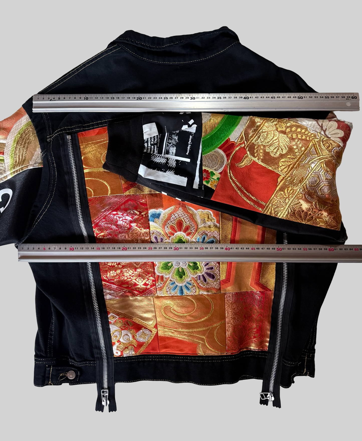 COTE MER Kimono Obi Remake Denim Jacket Silk Brocade Patchwork Japanese Upcycled Designer Jacket L XL