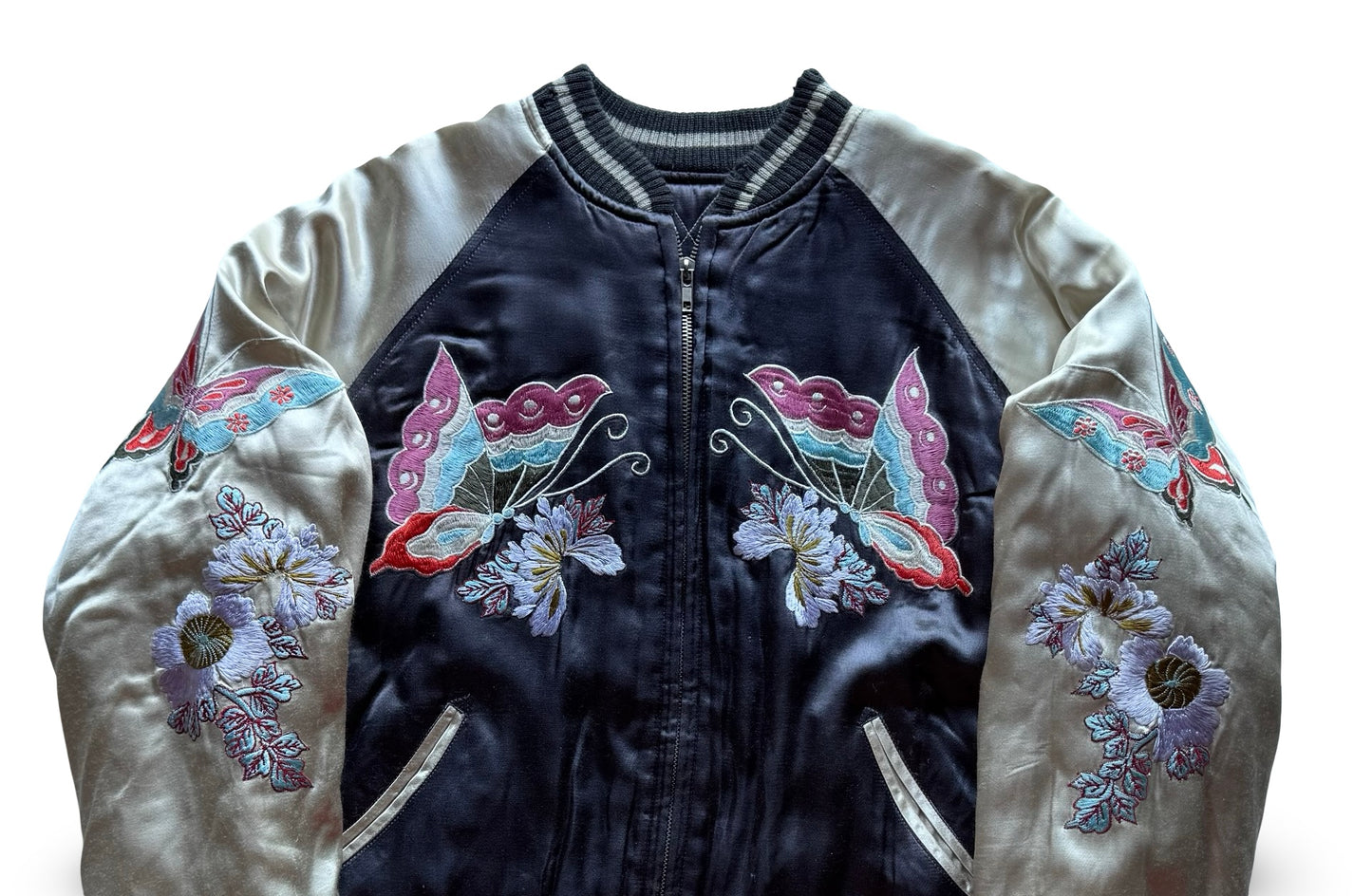 Reversible Japanese Sukajan Jacket – Butterfly & Floral Embroidery / Crane & Pine Quilted Design – Vintage Yokosuka Souvenir Jacket