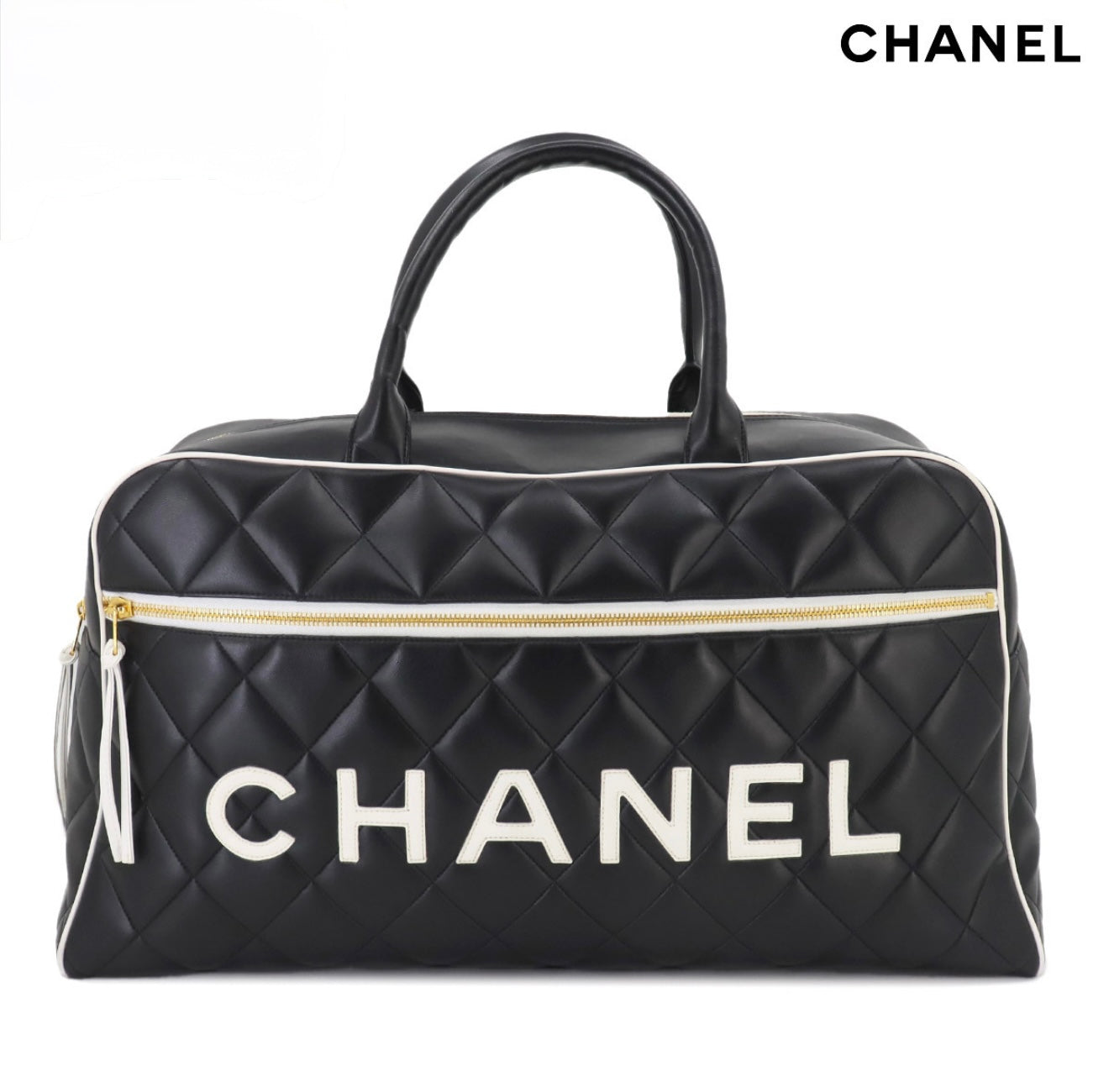 CHANEL Matelassé Logo Boston Bag A05943 Black × White – Vintage Gold Hardware – 1990s Large Quilted Travel Boston Tote – Authentic CHANEL Collector Bag