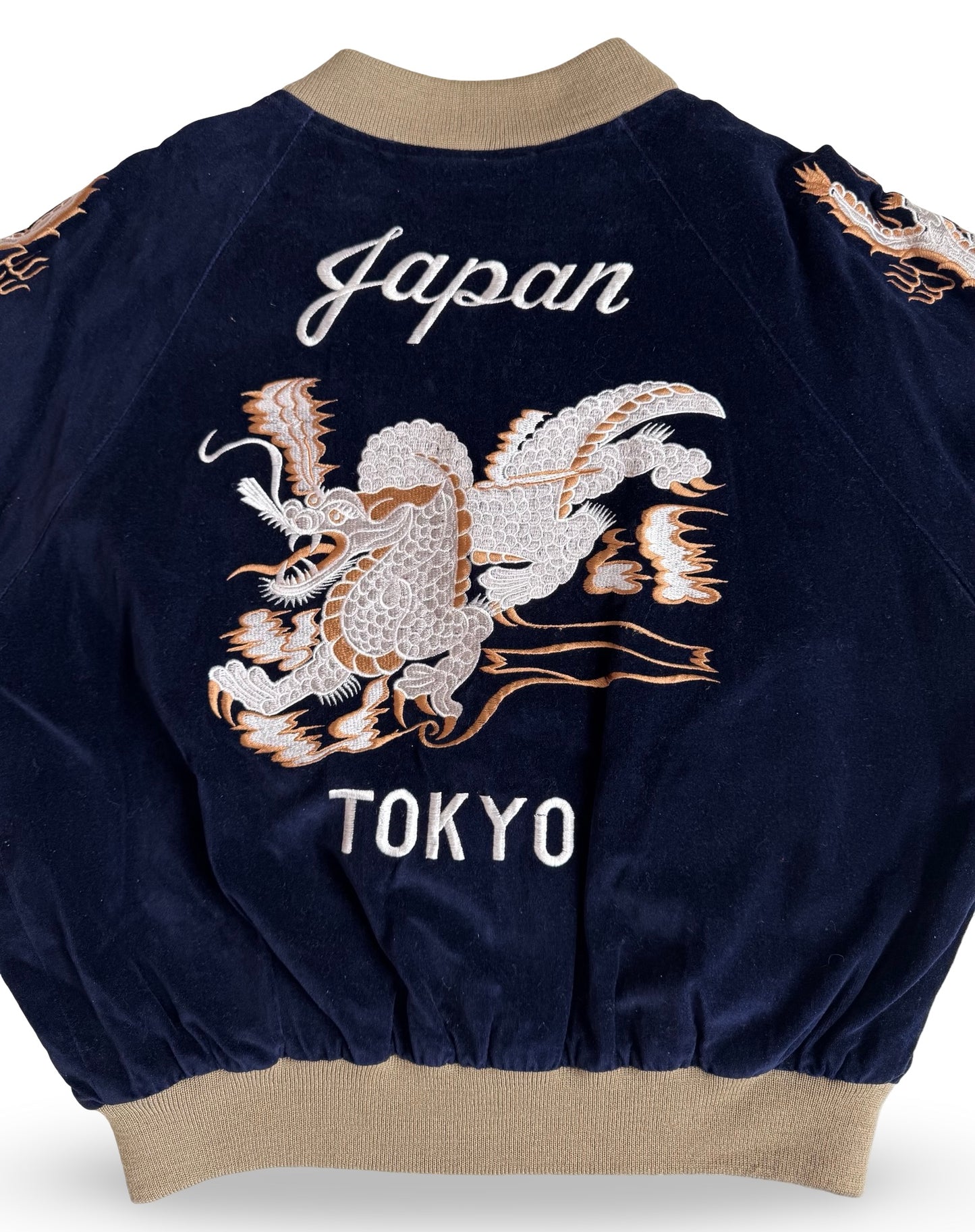 Vintage 1980s Vacation Paradise Dragon Sukajan Jacket Navy Velvet Tokyo Japan Souvenir Bomber