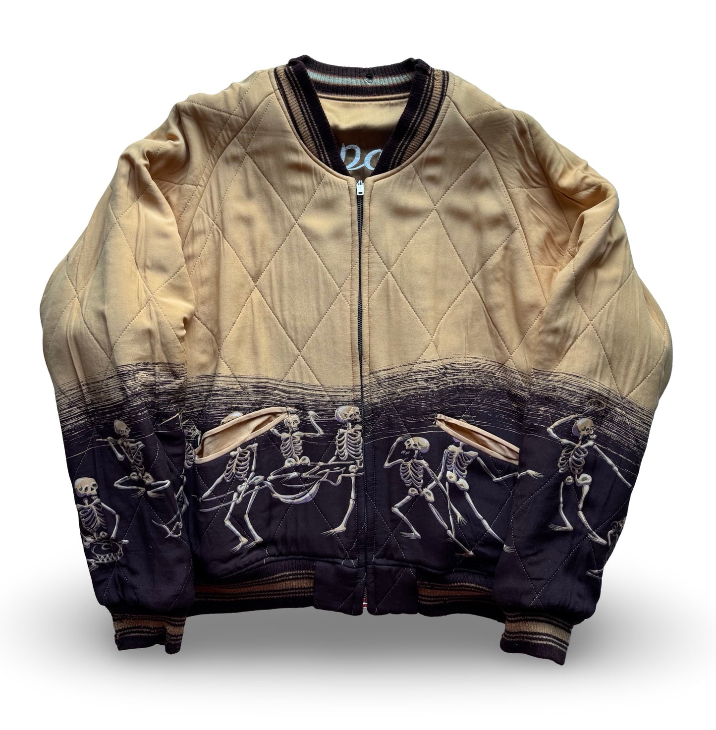 Vintage Pherrow’s Reversible Sukajan Dragon Warrior Skeleton Dance Japan Souvenir Jacket, Gold Brown Embroidered Bomber