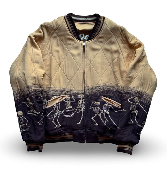 Vintage Pherrow’s Reversible Sukajan Dragon Warrior Skeleton Dance Japan Souvenir Jacket, Gold Brown Embroidered Bomber