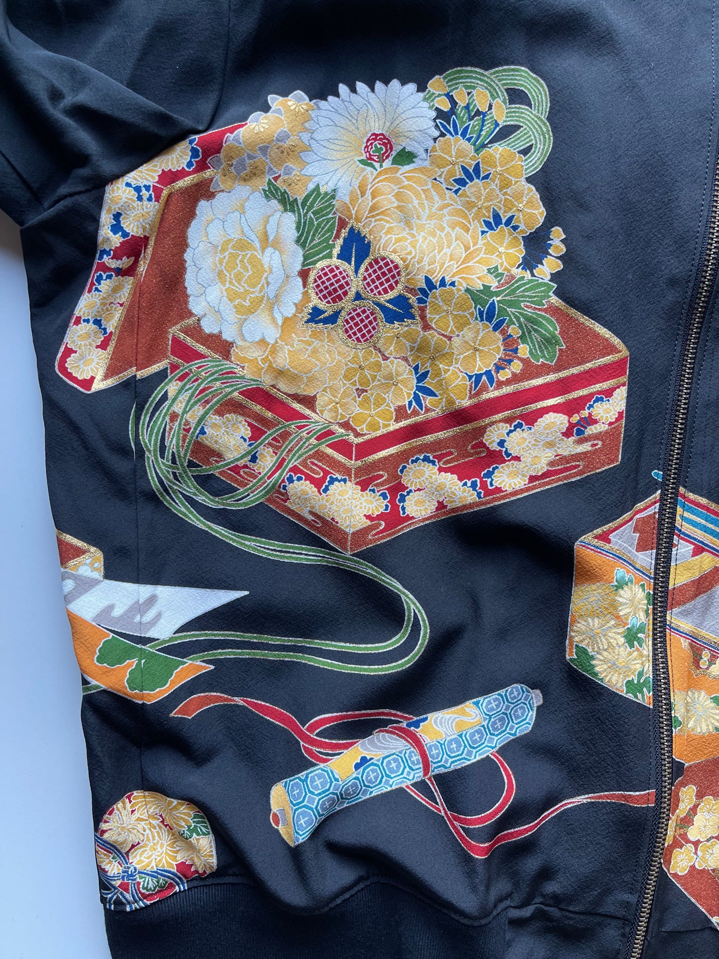 Vintage Japanese Kimono Remake Bomber Jacket | Black Wagara Floral Jacket | Handmade Upcycled Obi Textile | One-of-a-Kind Japanese Artwear