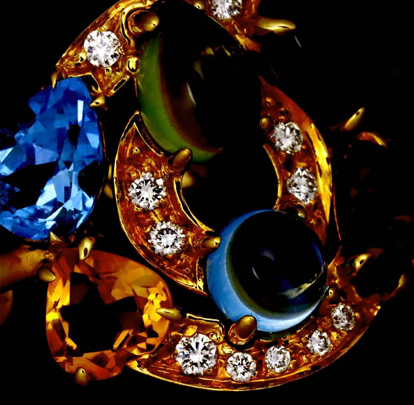 BVLGARI Astrale Shield Design Ring K18YG Multicolor Gemstones & Diamonds – Size JP10 (US5.25)