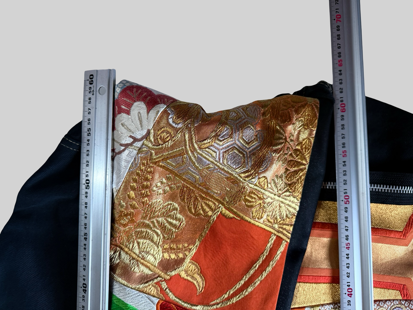 COTE MER Kimono Obi Remake Denim Jacket Silk Brocade Patchwork Japanese Upcycled Designer Jacket L XL