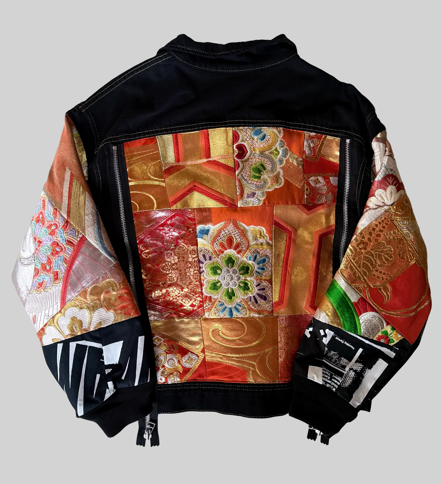 COTE MER Kimono Obi Remake Denim Jacket Silk Brocade Patchwork Japanese Upcycled Designer Jacket L XL