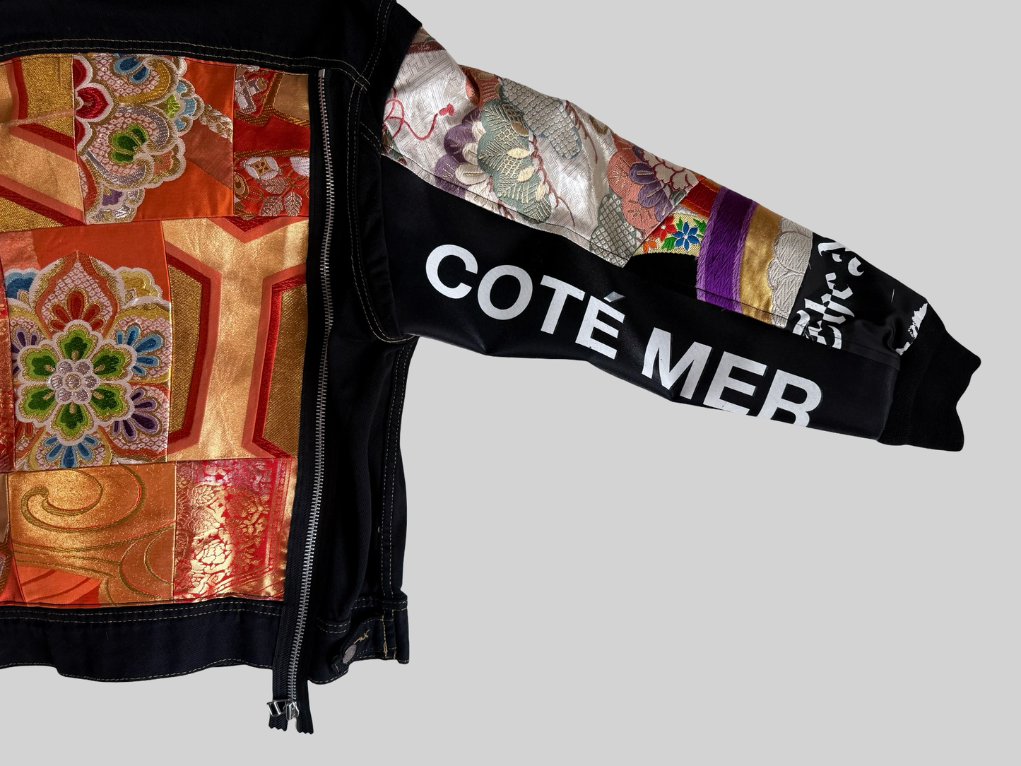 COTE MER Kimono Obi Remake Denim Jacket Silk Brocade Patchwork Japanese Upcycled Designer Jacket L XL