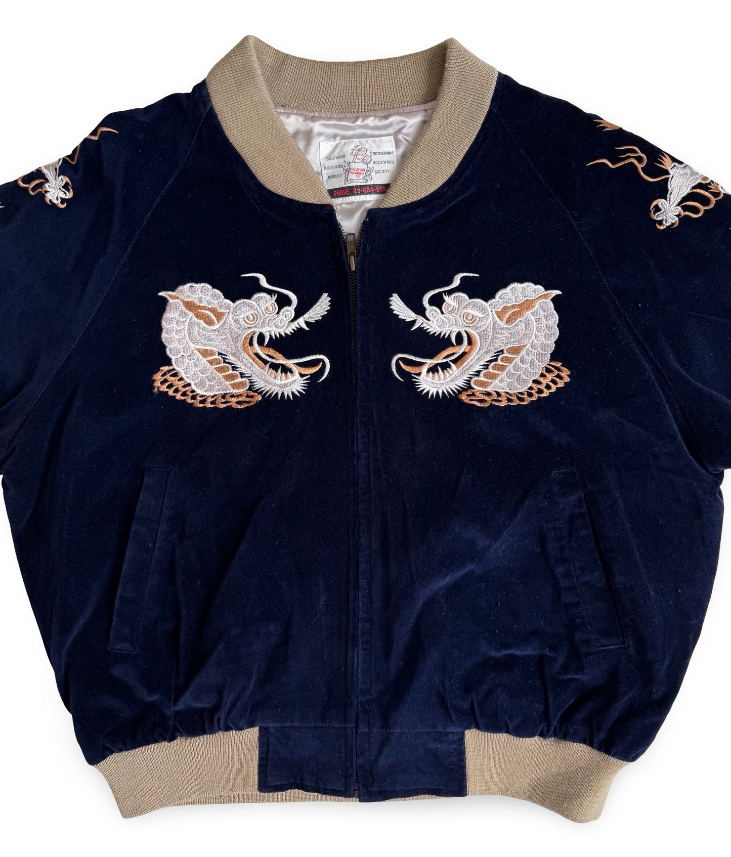 Vintage 1980s Vacation Paradise Dragon Sukajan Jacket Navy Velvet Tokyo Japan Souvenir Bomber