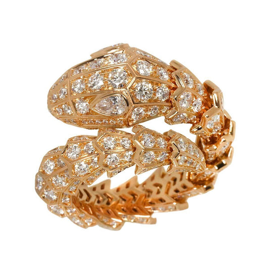 BVLGARI Serpenti Viper Ring K18 Pink Gold Full Diamond Pavé 4.12ct F–G VVS–VS Size ML with Certificates
