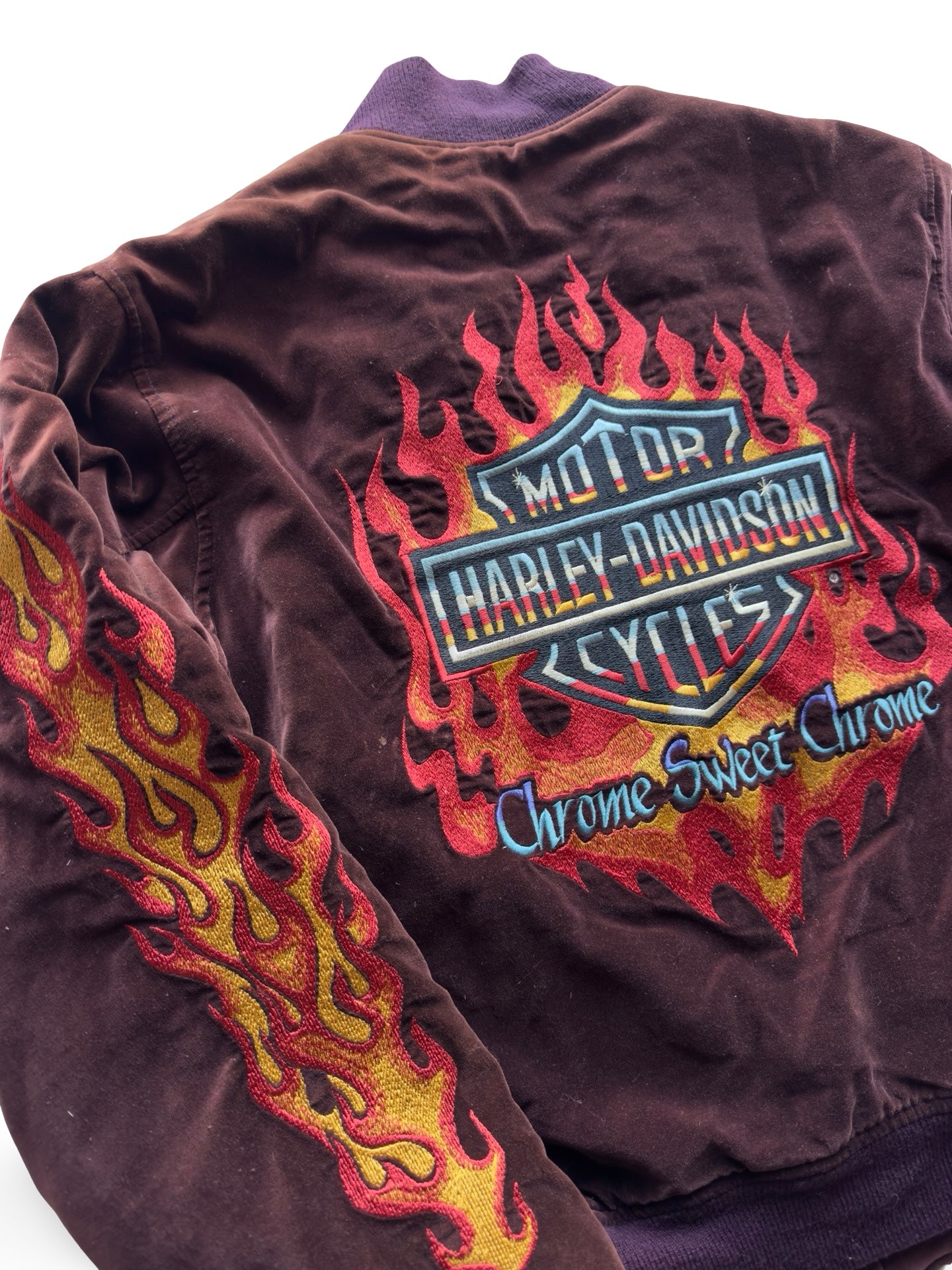 Vintage Harley-Davidson “Chrome Sweet Chrome” Flame-Velour Bomber Jacket (One Side Only)
