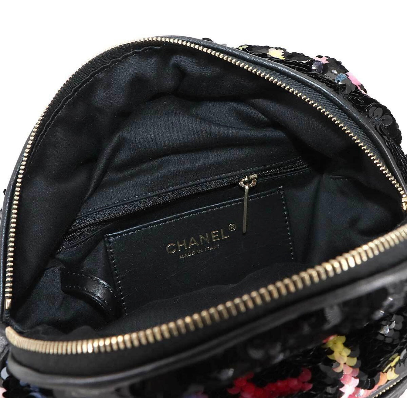 CHANEL Sequin Chain Backpack Black Multicolor Graffiti Logo Lambskin Gold Hardware C3— Exhibition Unused