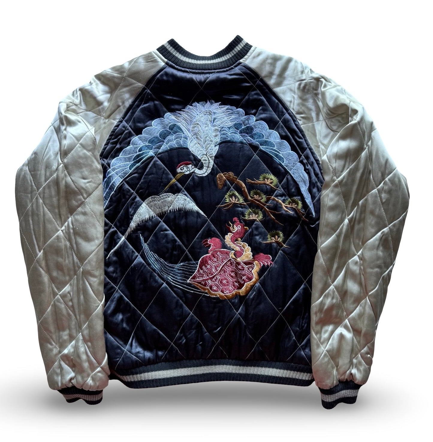 Reversible Japanese Sukajan Jacket – Butterfly & Floral Embroidery / Crane & Pine Quilted Design – Vintage Yokosuka Souvenir Jacket