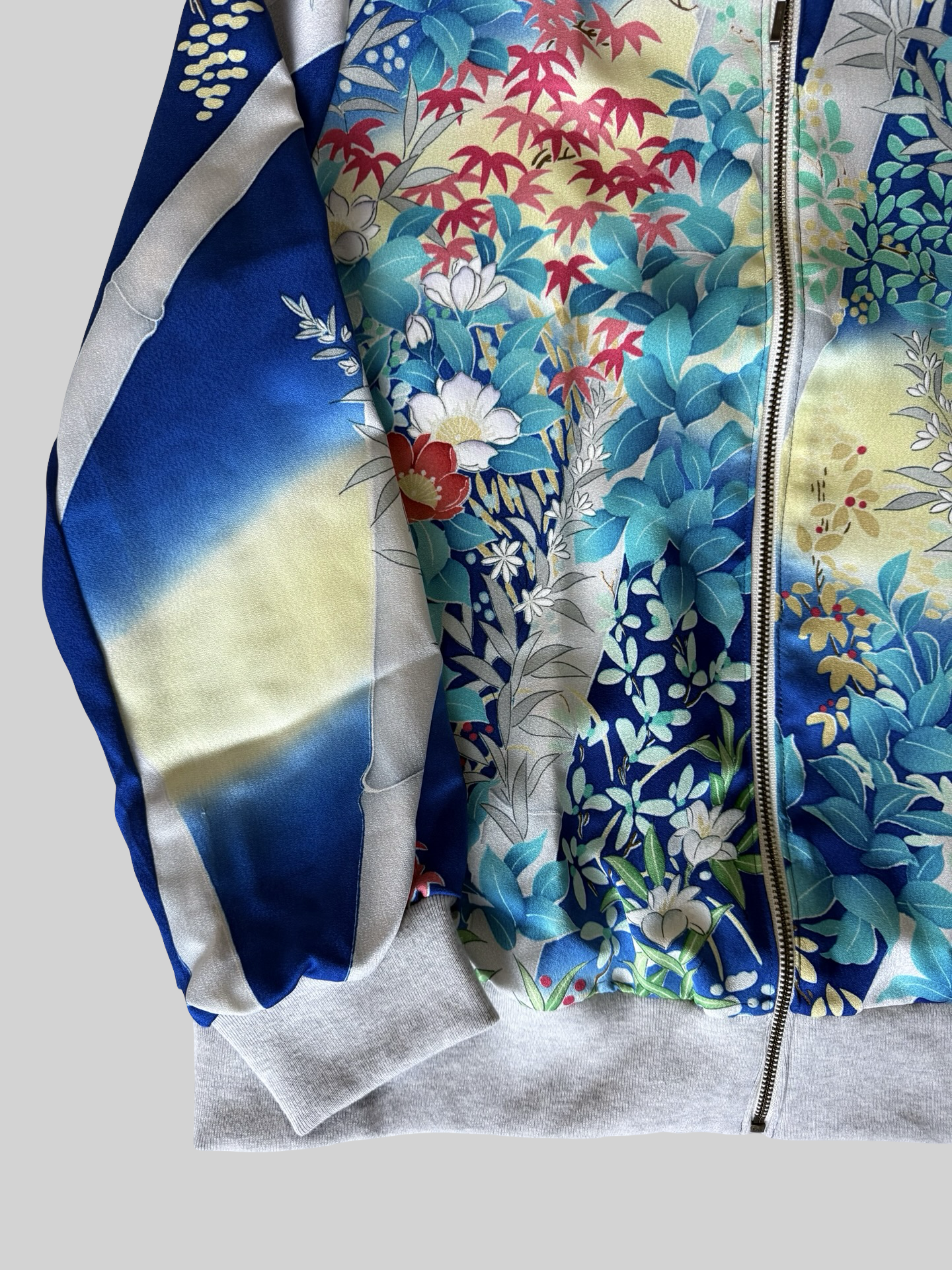 Vintage Kimono Remake Bomber Jacket Blue Floral Camellia Silk Upcycled Japanese Wearable Art Jacket Unisex Free Size S M