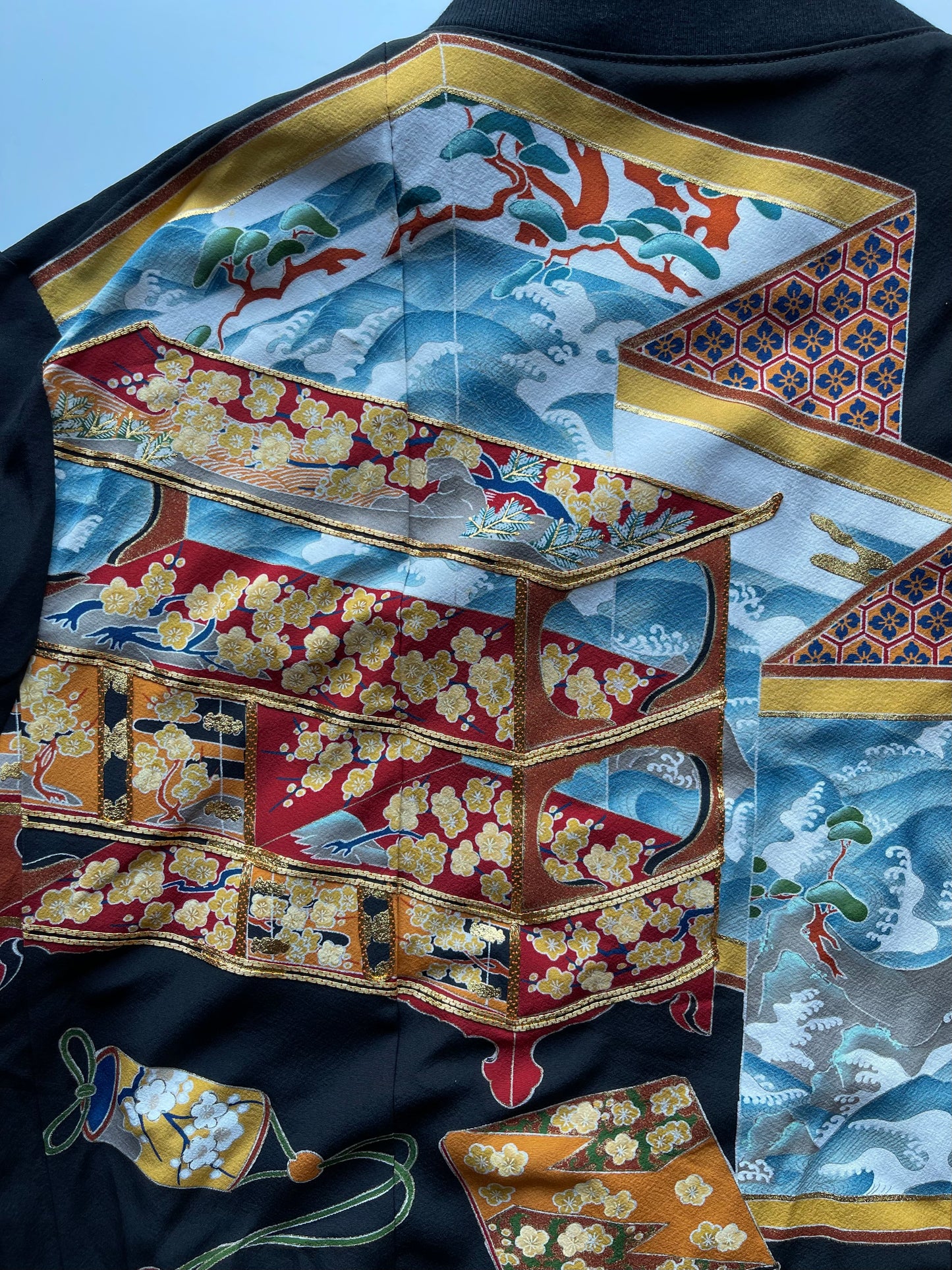 Vintage Japanese Kimono Remake Bomber Jacket | Black Wagara Floral Jacket | Handmade Upcycled Obi Textile | One-of-a-Kind Japanese Artwear
