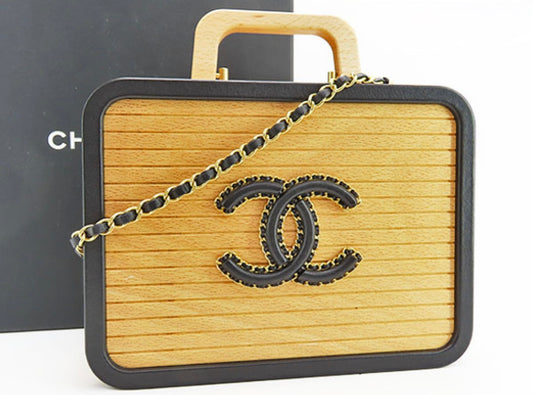 CHANEL Coco Mark Beachwood Large Vanity Case – Rare Wood × Leather 2-Way Vanity Bag with Chain Strap (SA/S Rank)