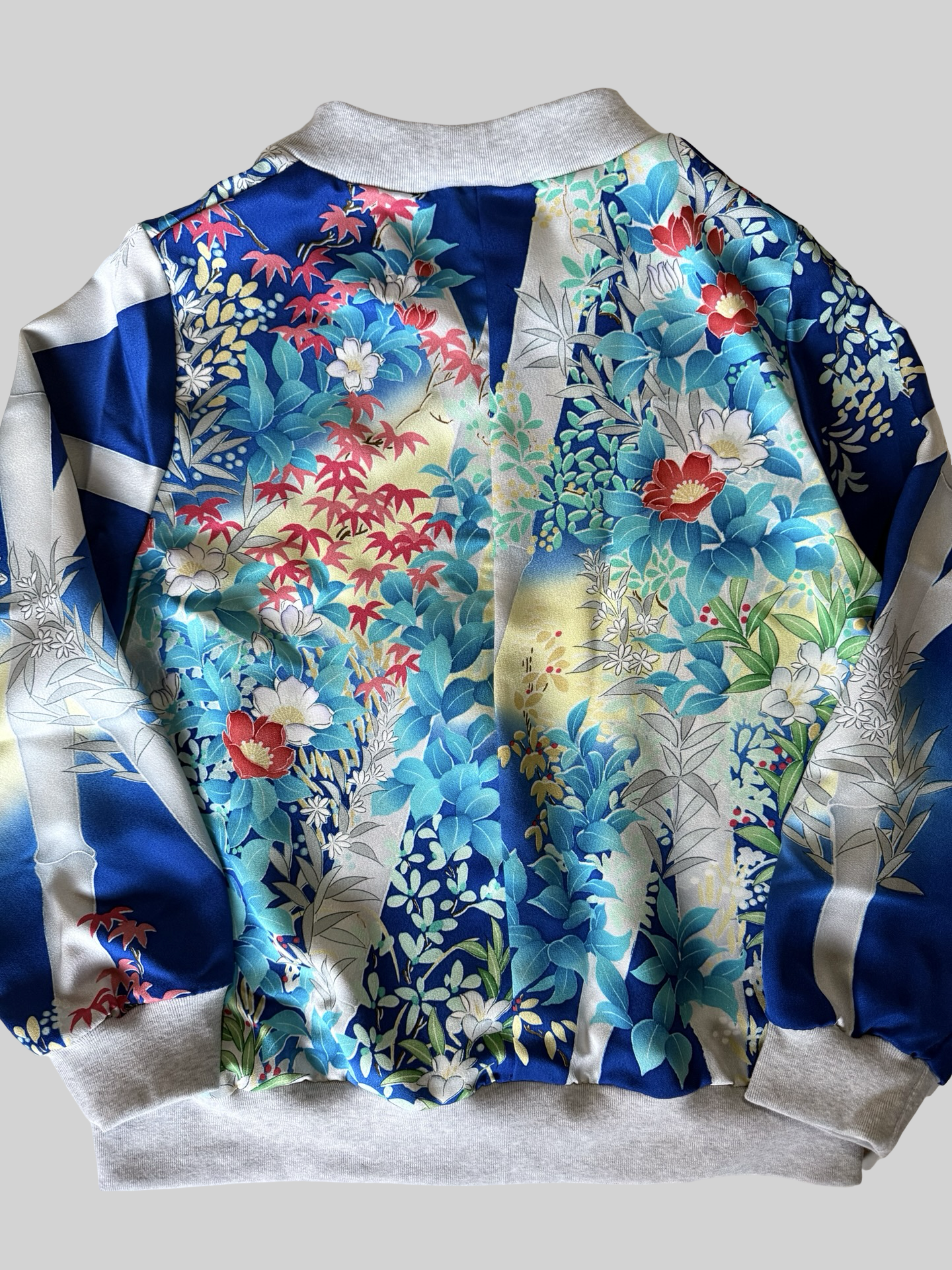 Vintage Kimono Remake Bomber Jacket Blue Floral Camellia Silk Upcycled Japanese Wearable Art Jacket Unisex Free Size S M