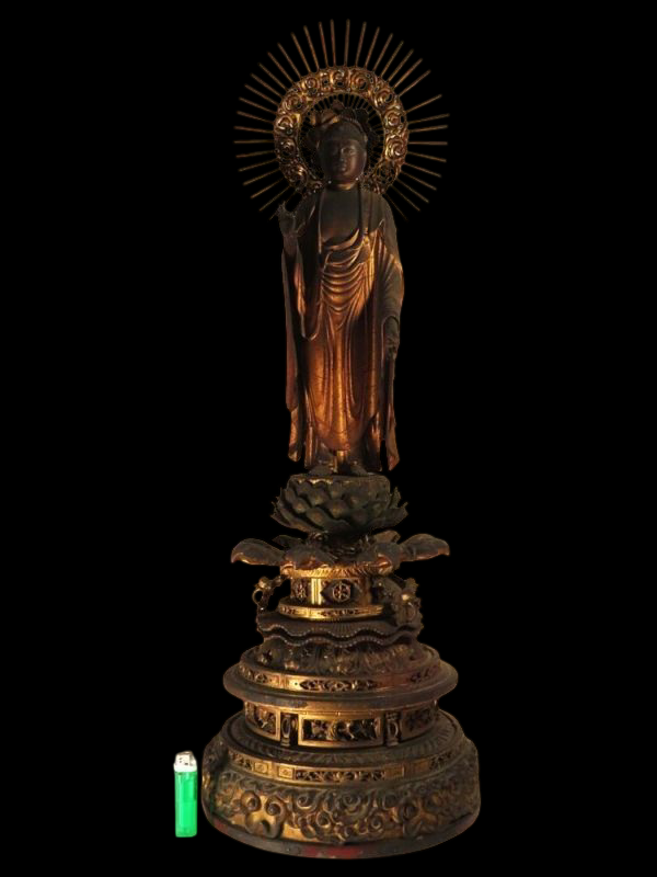 Early Edo Standing Amida Nyorai with Rock-Crystal Gyokugan Eyes — Temple-Release Giltwood Buddhist Sculpture, Museum-Grade Presence