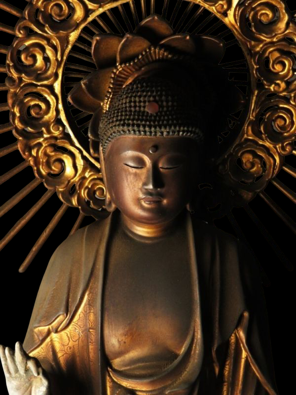 Early Edo Standing Amida Nyorai with Rock-Crystal Gyokugan Eyes — Temple-Release Giltwood Buddhist Sculpture, Museum-Grade Presence