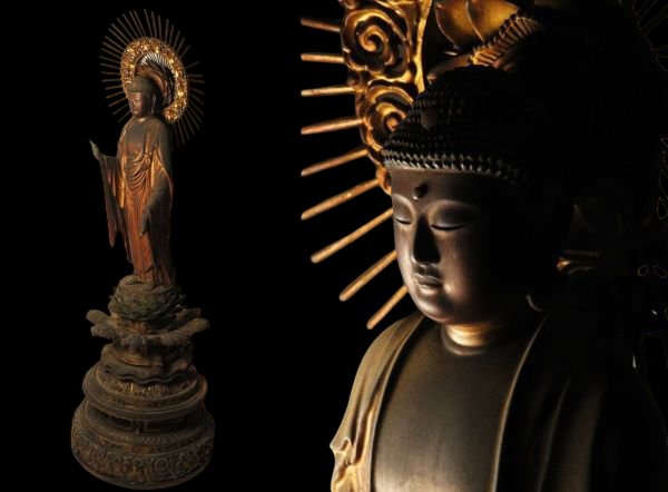 Early Edo Standing Amida Nyorai with Rock-Crystal Gyokugan Eyes — Temple-Release Giltwood Buddhist Sculpture, Museum-Grade Presence