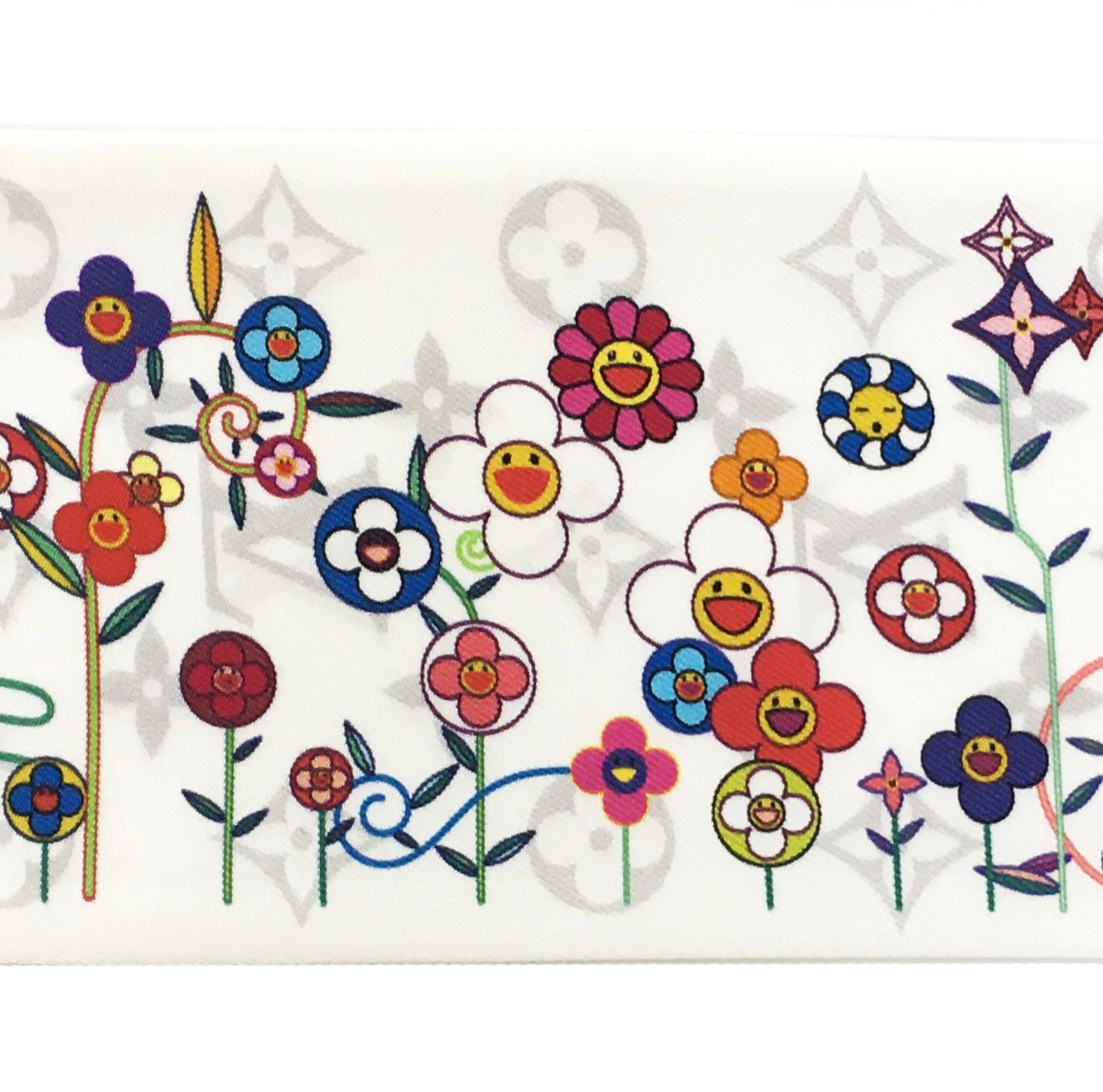 Louis Vuitton × Takashi Murakami Bandeau Superflat M96165 Silk Scarf LV Monogram Flower Slim Twilly White Pink