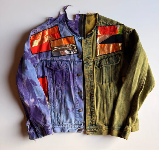 COTÉ MER Kimono Obi Patchwork Denim Remake Jacket L XL Japanese One of One Harajuku Streetwear Wearable Art