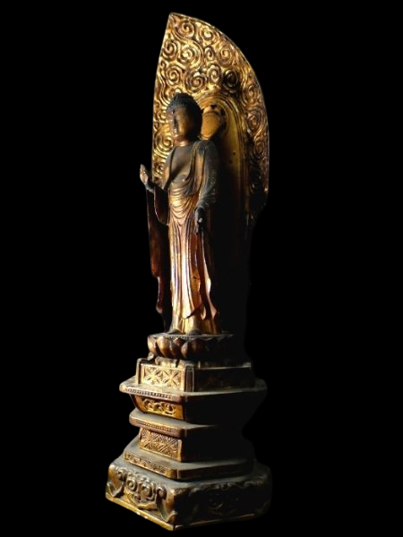 Edo-Period Amida Nyorai Triad | Monumental Wooden Gilt Buddhist Sculpture | Temple-Scale Centerpiece | c. 58cm