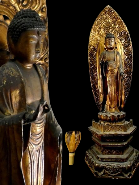 Edo-Period Amida Nyorai Triad | Monumental Wooden Gilt Buddhist Sculpture | Temple-Scale Centerpiece | c. 58cm