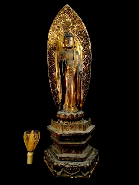 Edo-Period Amida Nyorai Triad | Monumental Wooden Gilt Buddhist Sculpture | Temple-Scale Centerpiece | c. 58cm