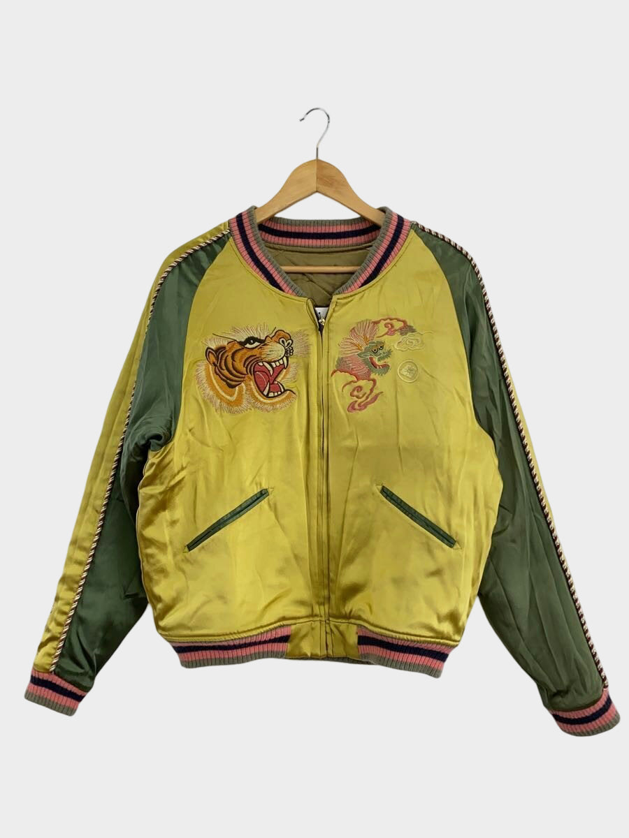 EVISU Yamane Genes Silk Sukajan Jacket Kyoto Tiger Yamane Embroidered Reversible Japanese Souvenir Jacket Gold Green Luxury Streetwear Size 40