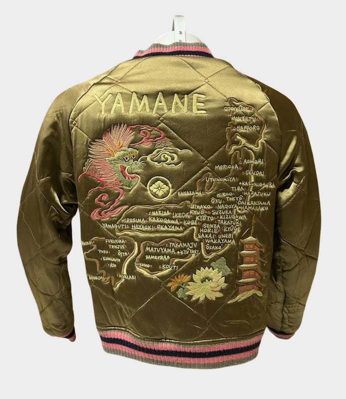 EVISU Yamane Genes Silk Sukajan Jacket Kyoto Tiger Yamane Embroidered Reversible Japanese Souvenir Jacket Gold Green Luxury Streetwear Size 40