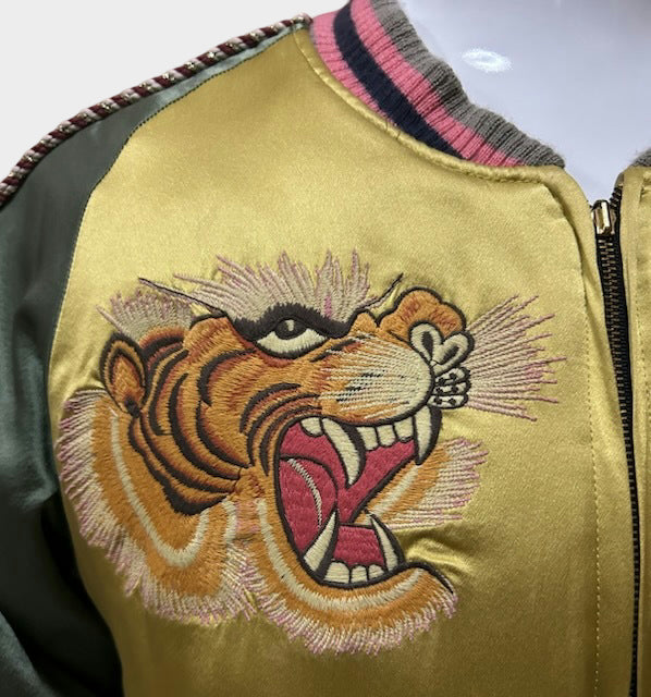 EVISU Yamane Genes Silk Sukajan Jacket Kyoto Tiger Yamane Embroidered Reversible Japanese Souvenir Jacket Gold Green Luxury Streetwear Size 40