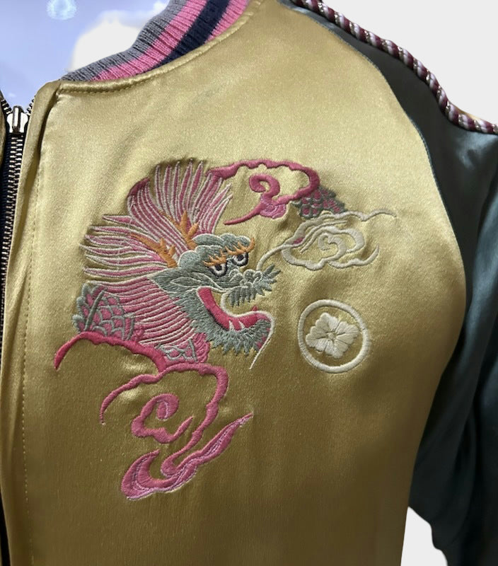 EVISU Yamane Genes Silk Sukajan Jacket Kyoto Tiger Yamane Embroidered Reversible Japanese Souvenir Jacket Gold Green Luxury Streetwear Size 40
