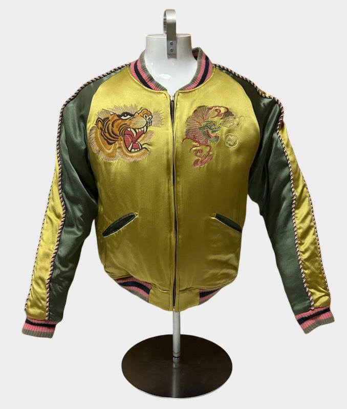 EVISU Yamane Genes Silk Sukajan Jacket Kyoto Tiger Yamane Embroidered Reversible Japanese Souvenir Jacket Gold Green Luxury Streetwear Size 40