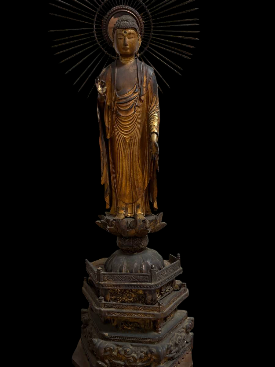 Early Edo Standing Amida Nyorai (Pure Land Buddha) — Gyokugan Crystal Eyes, Radiant Halo, Monumental Tiered Lotus Base — Reported Kan'ei 14 (1637) — With Calligraphy Scroll — Japanese Buddhist Sculpture