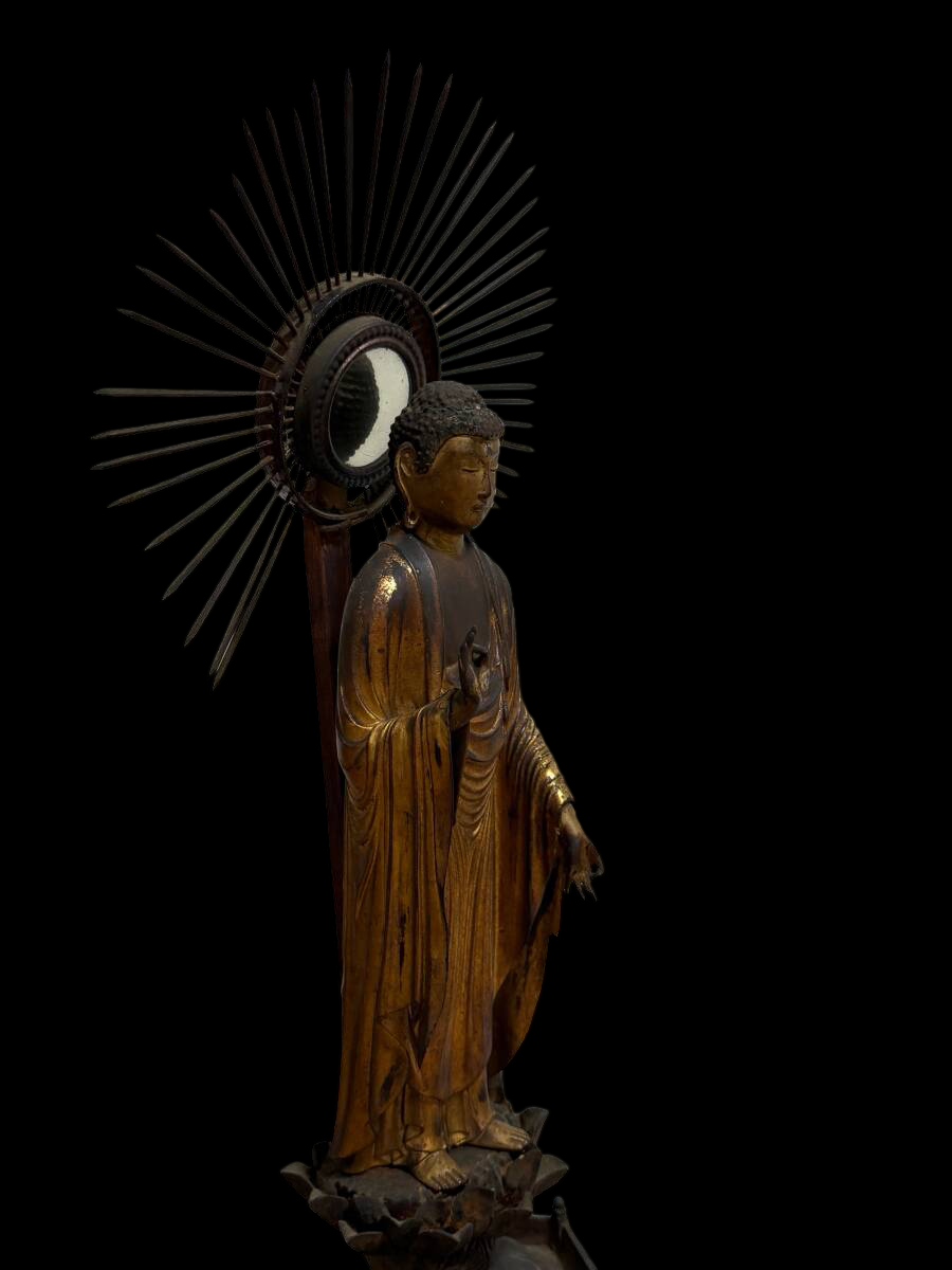 Early Edo Standing Amida Nyorai (Pure Land Buddha) — Gyokugan Crystal Eyes, Radiant Halo, Monumental Tiered Lotus Base — Reported Kan'ei 14 (1637) — With Calligraphy Scroll — Japanese Buddhist Sculpture
