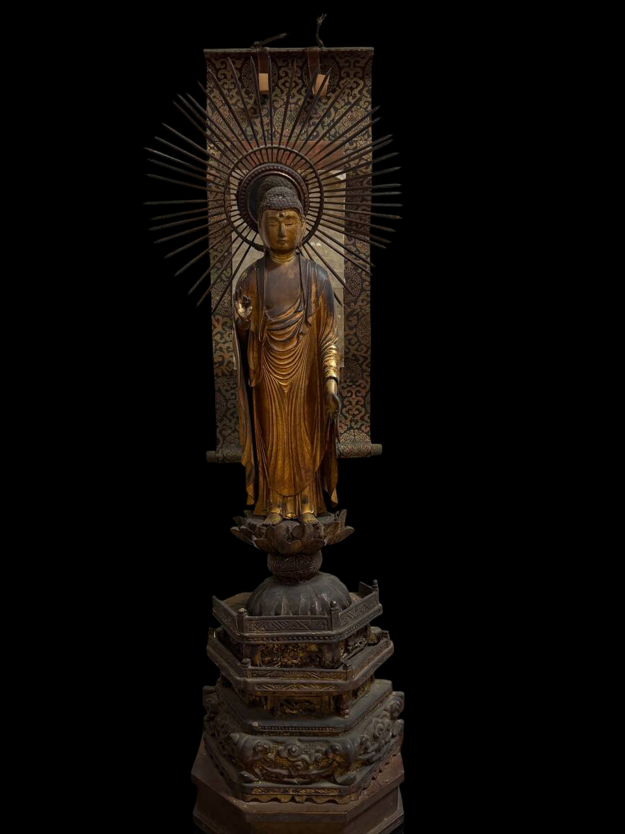 Early Edo Standing Amida Nyorai (Pure Land Buddha) — Gyokugan Crystal Eyes, Radiant Halo, Monumental Tiered Lotus Base — Reported Kan'ei 14 (1637) — With Calligraphy Scroll — Japanese Buddhist Sculpture